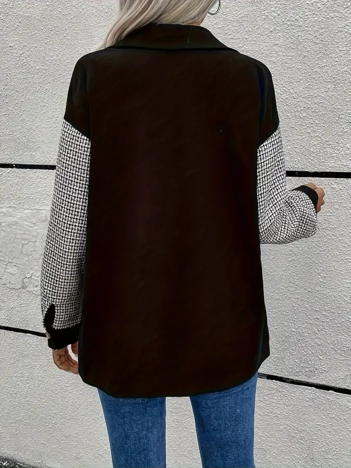 Houndstooth Contrast Button-Up Oversized Jacket - Image 7