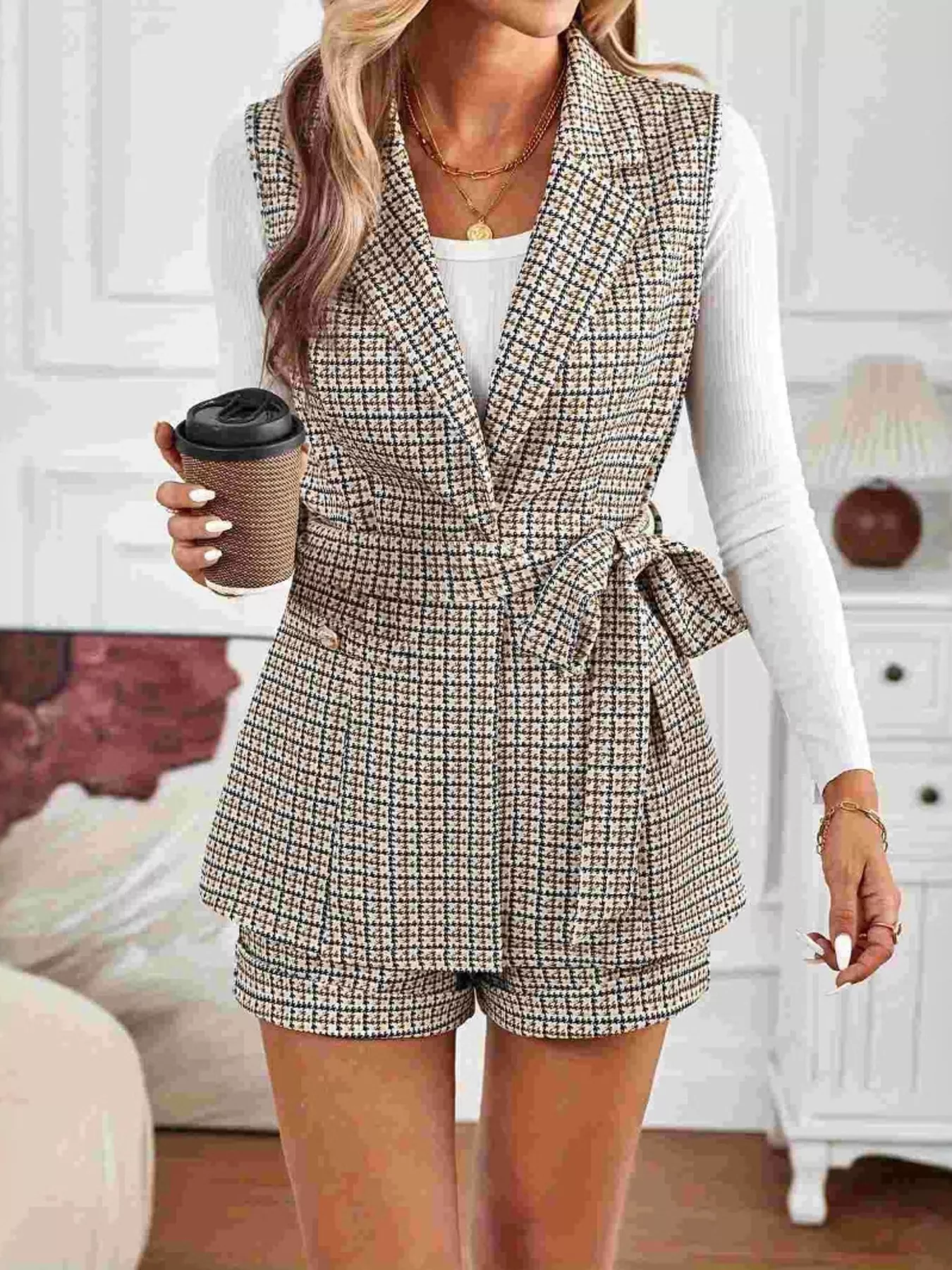 Houndstooth Lapel Collar Vest Coat and Shorts Set - Image 5