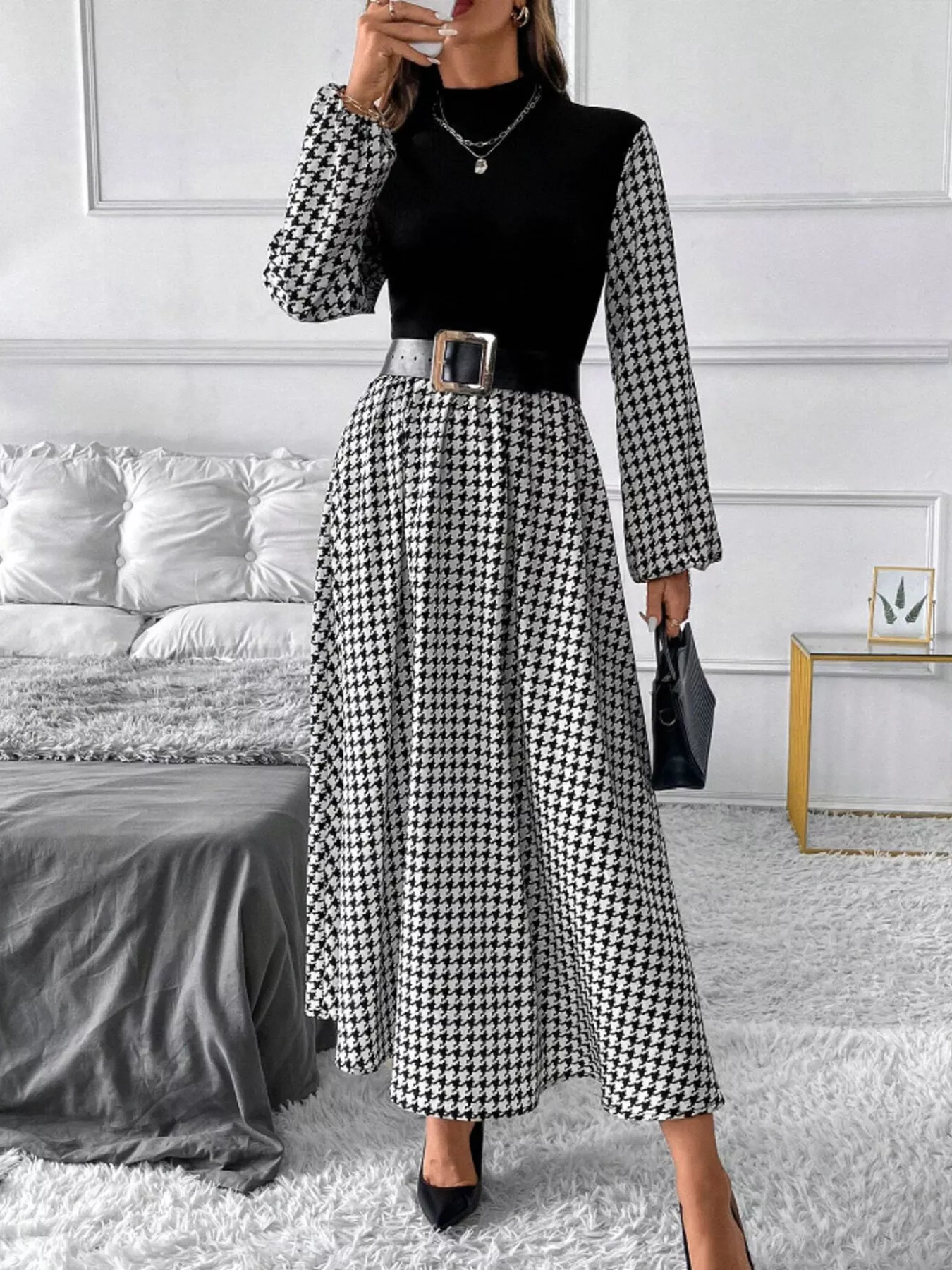 Houndstooth Mock Neck A-Line Dress - Image 4