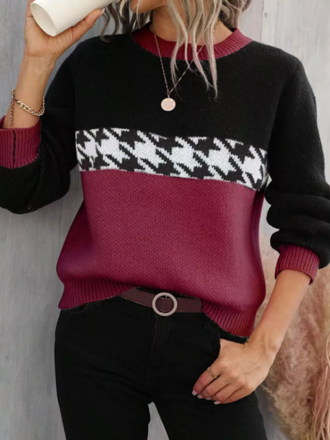 Houndstooth Pattern Color Block Sweater - Image 10