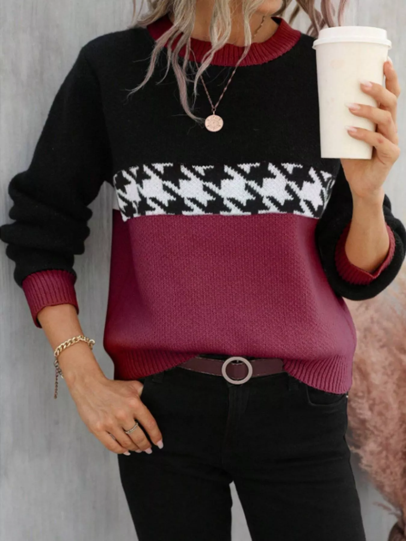 Houndstooth Pattern Color Block Sweater - Image 11