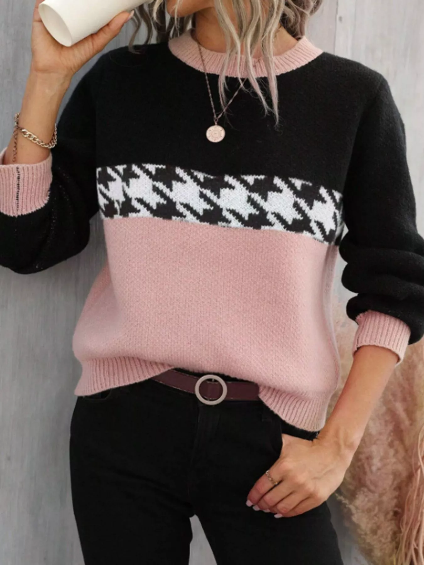 Houndstooth Pattern Color Block Sweater - Image 13