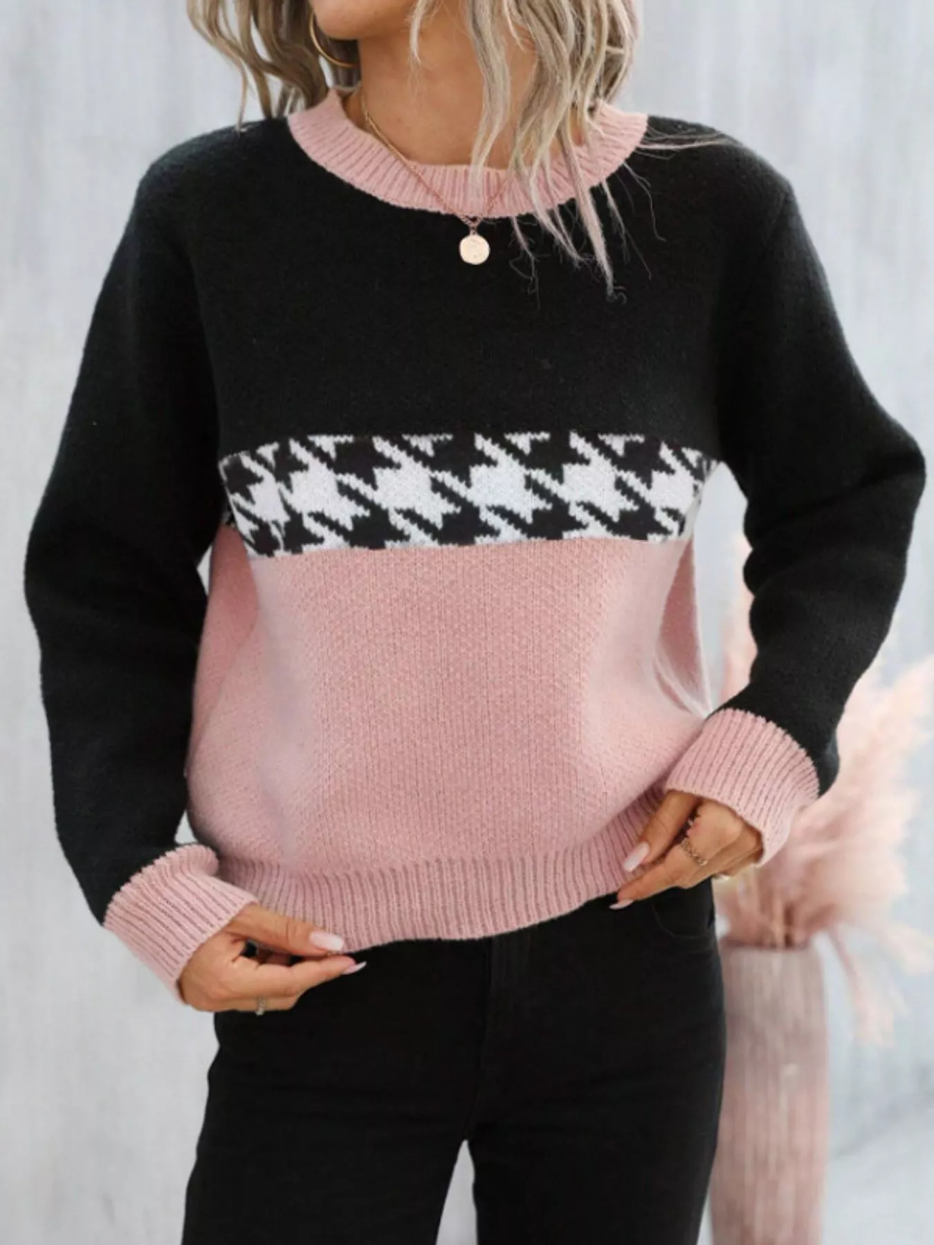 Houndstooth Pattern Color Block Sweater - Image 14