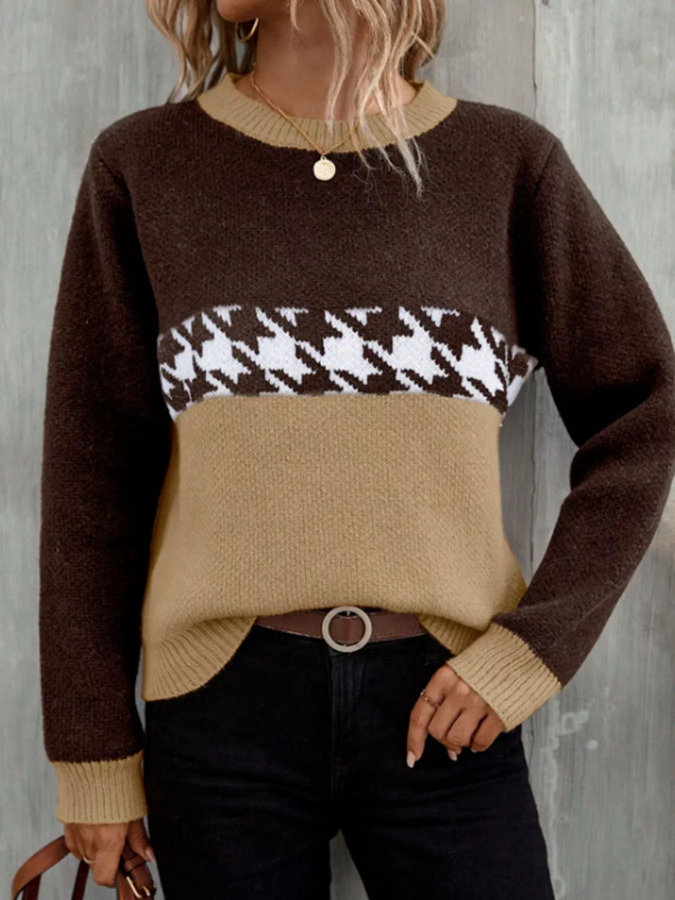 Houndstooth Pattern Color Block Sweater - Image 4