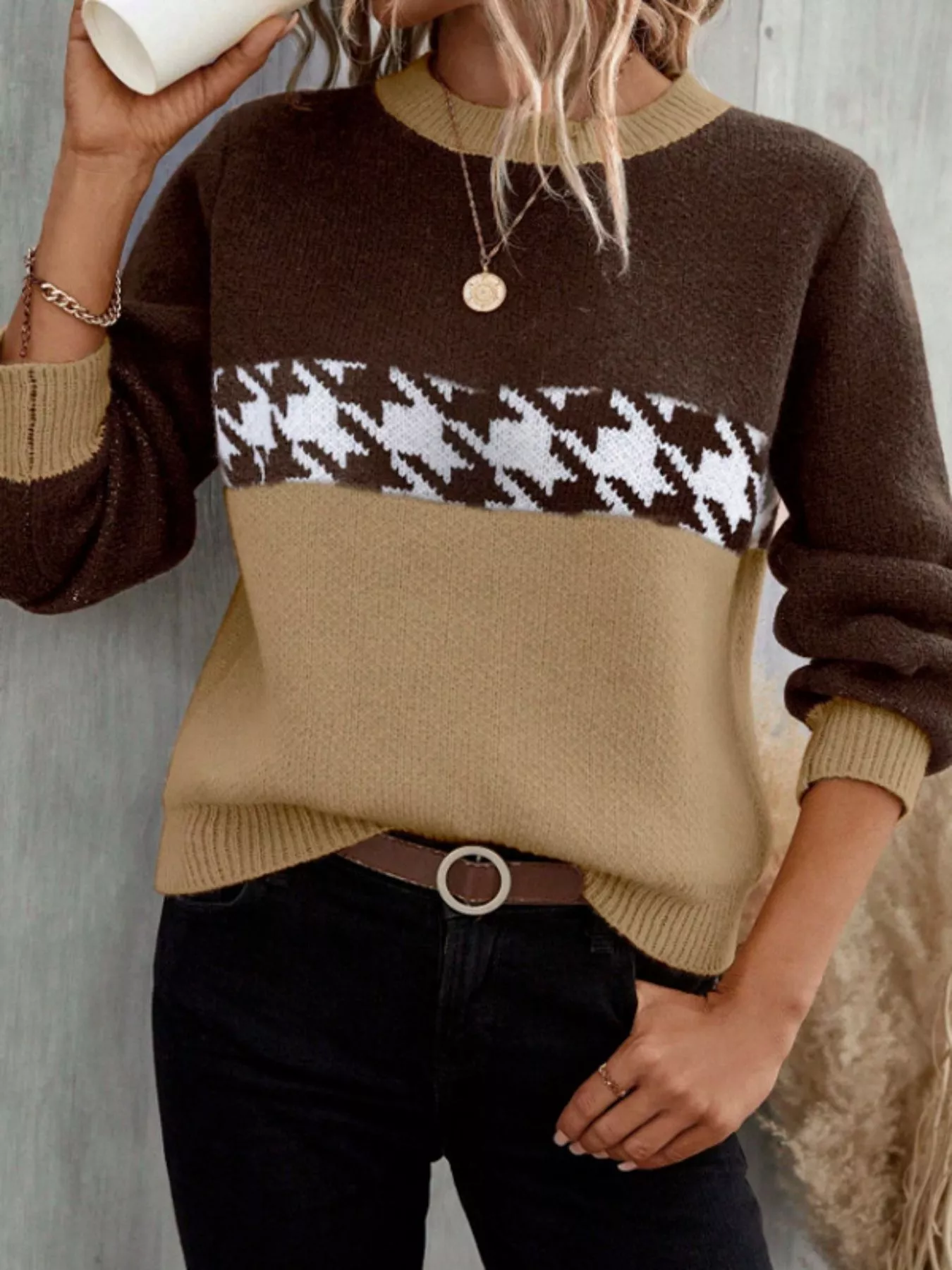 Houndstooth Pattern Color Block Sweater - Image 5