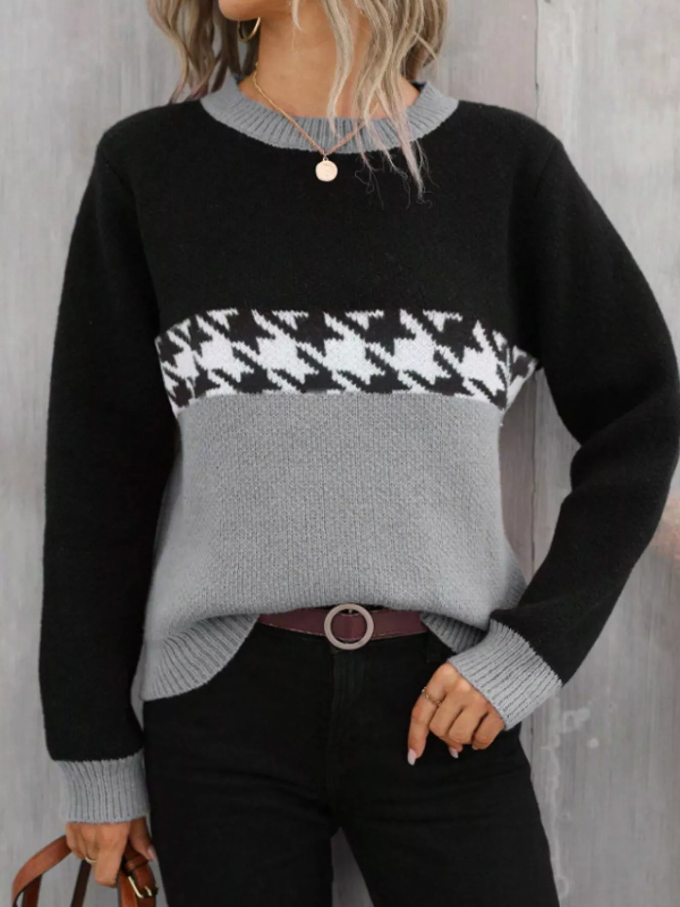 Houndstooth Pattern Color Block Sweater - Image 7