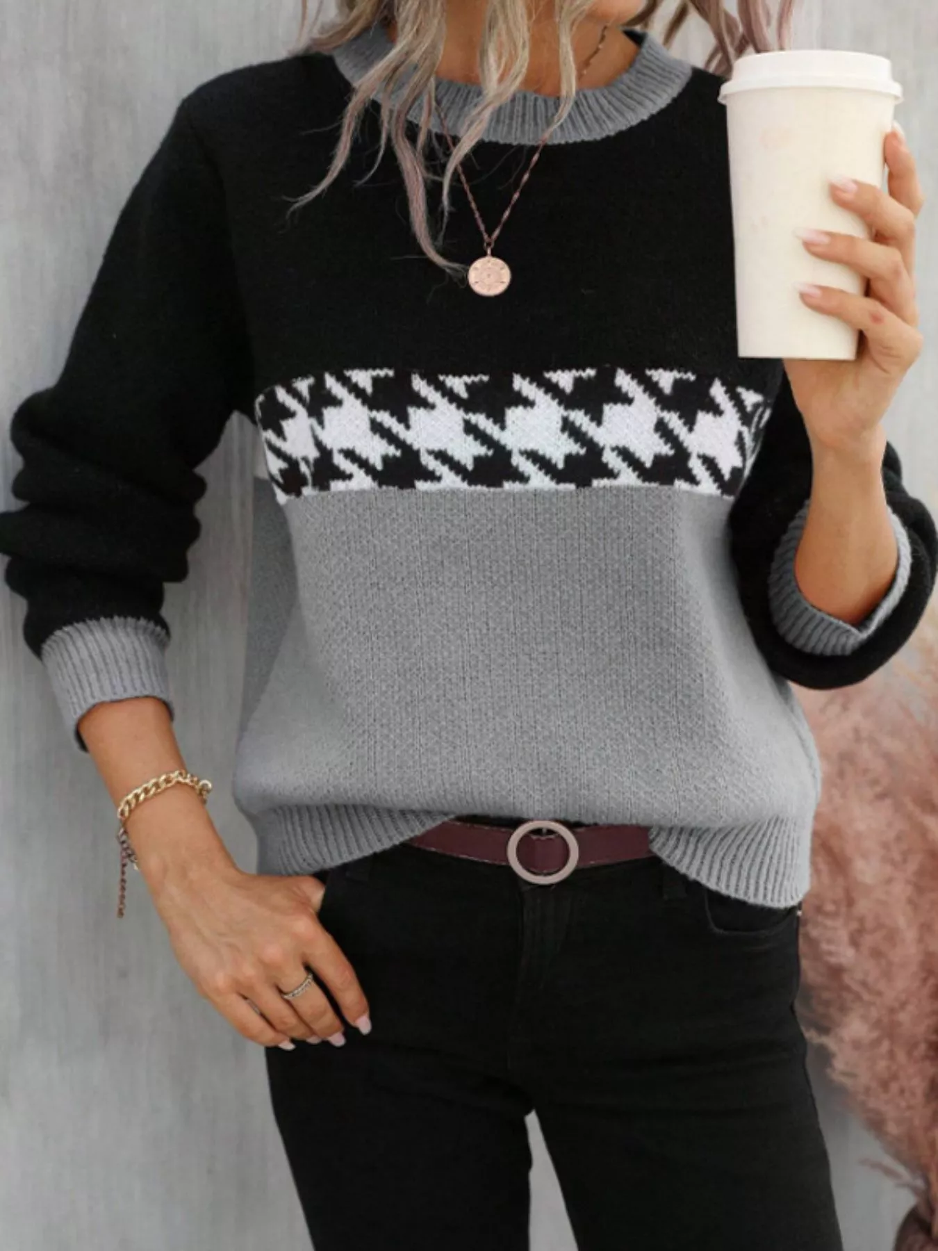 Houndstooth Pattern Color Block Sweater - Image 8
