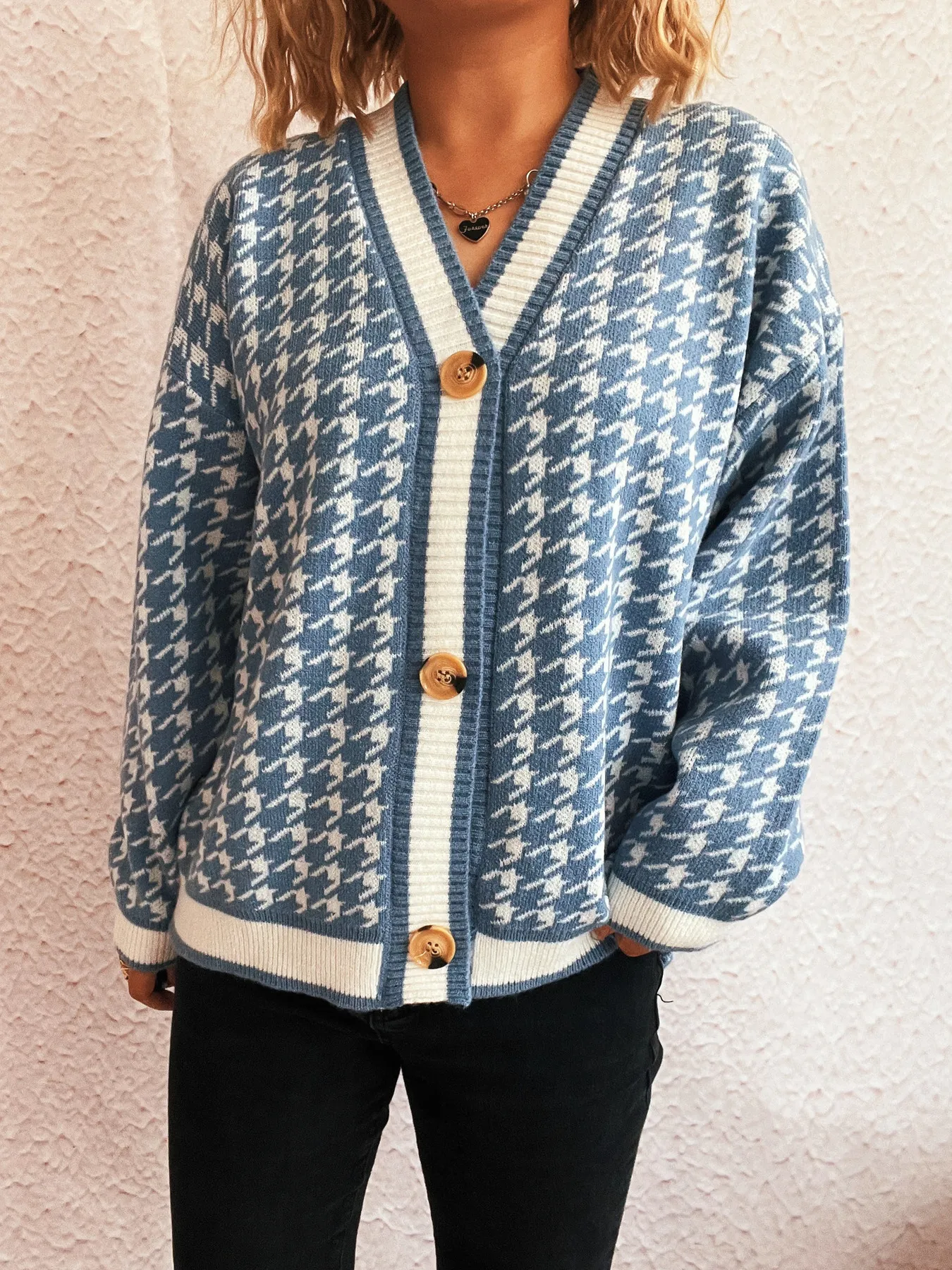 Houndstooth Pattern V-Neck Button-Up Cardigan - Image 11