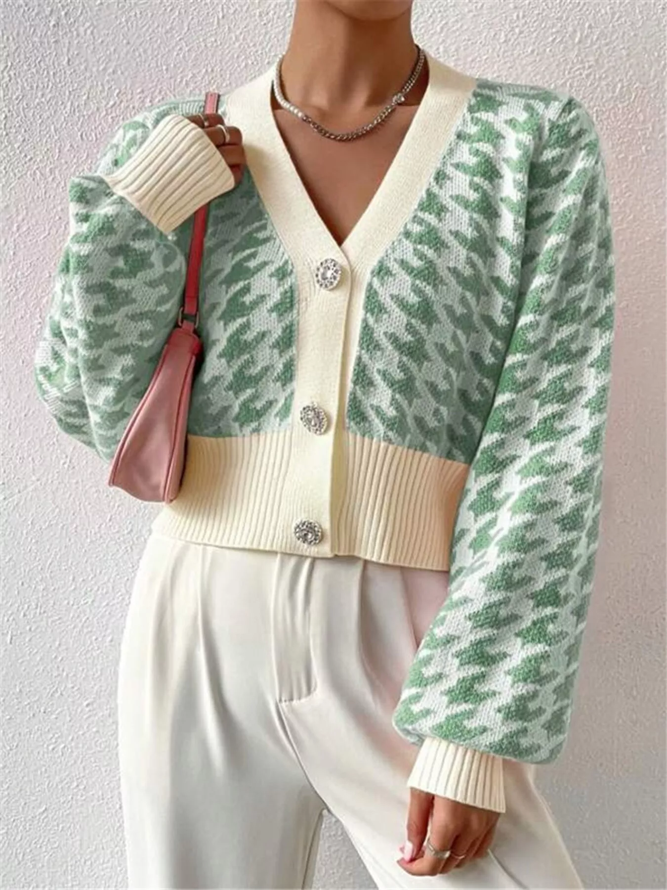 Houndstooth V-Neck Button Up Cardigan - Image 10