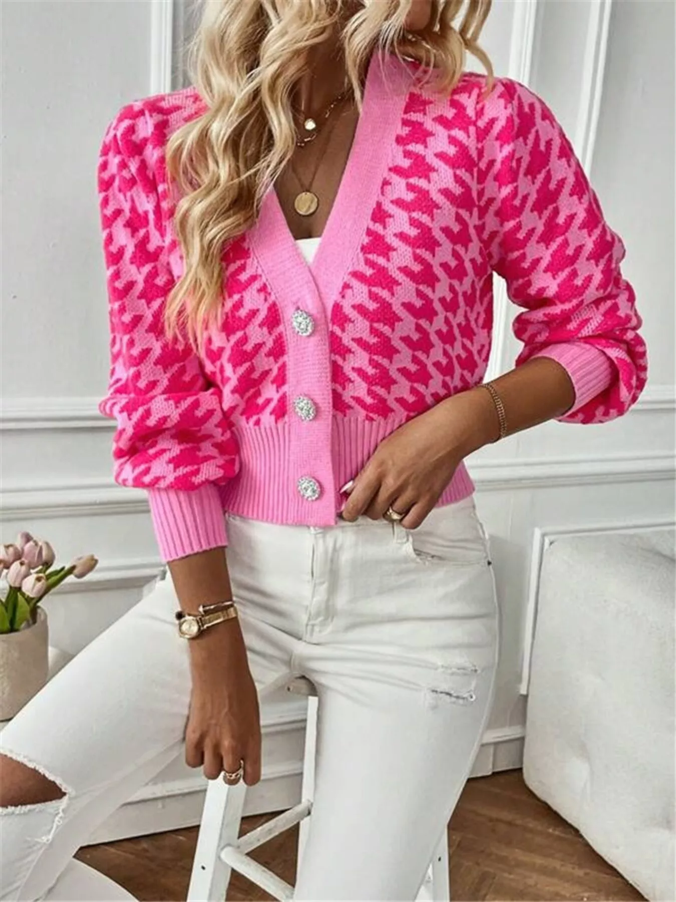 Houndstooth V-Neck Button Up Cardigan - Image 20