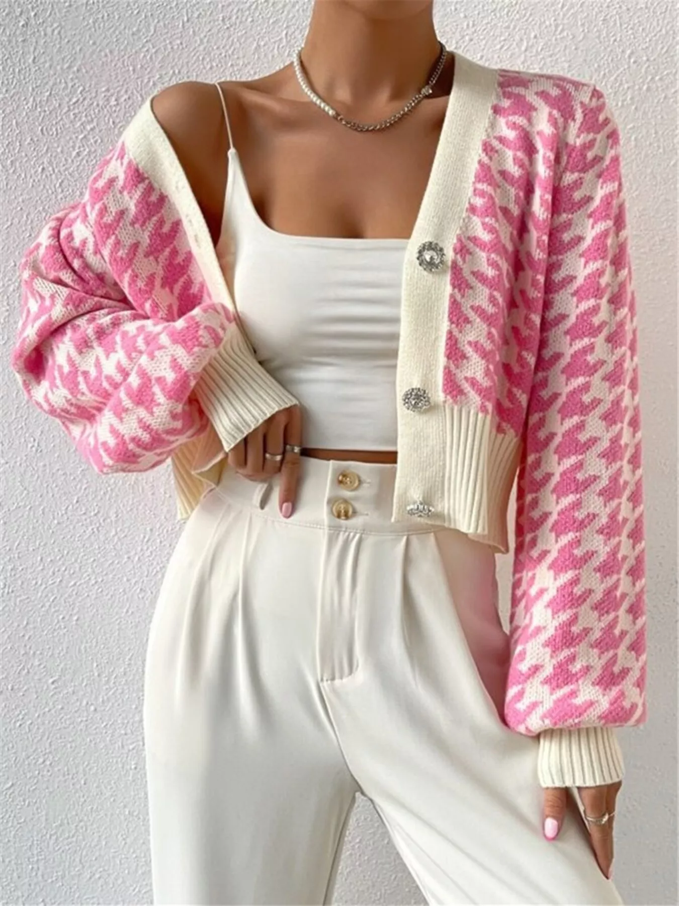 Houndstooth V-Neck Button Up Cardigan - Image 3