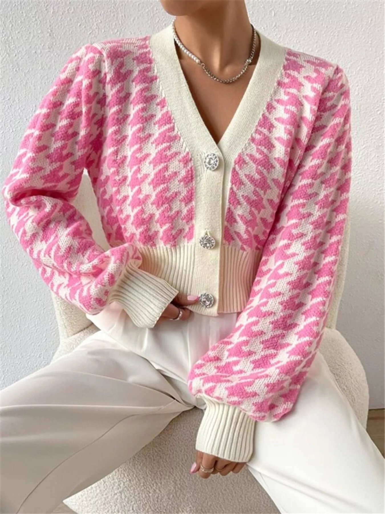 Houndstooth V-Neck Button Up Cardigan - Image 4