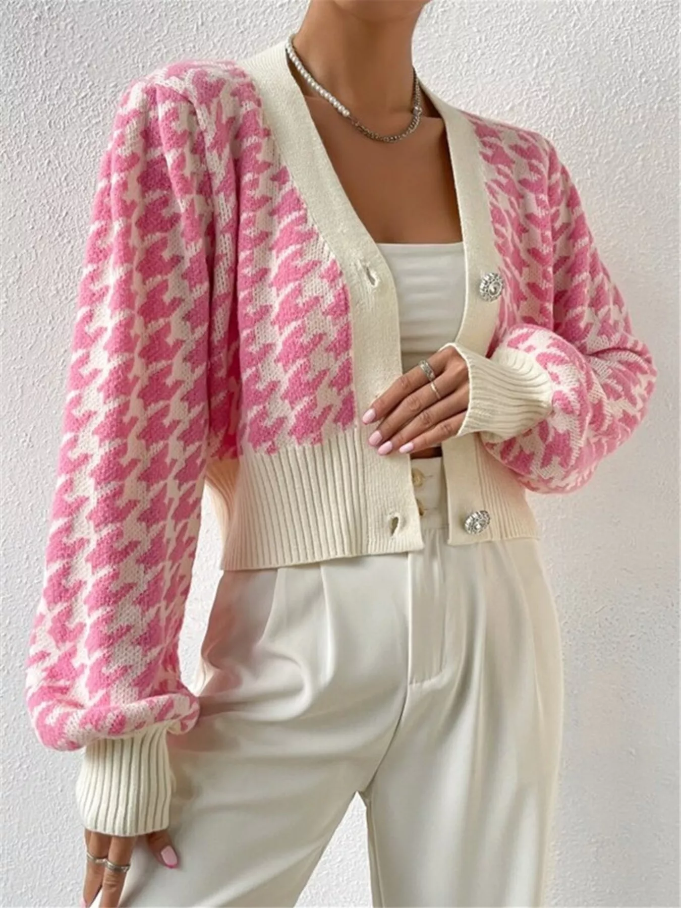 Houndstooth V-Neck Button Up Cardigan - Image 5