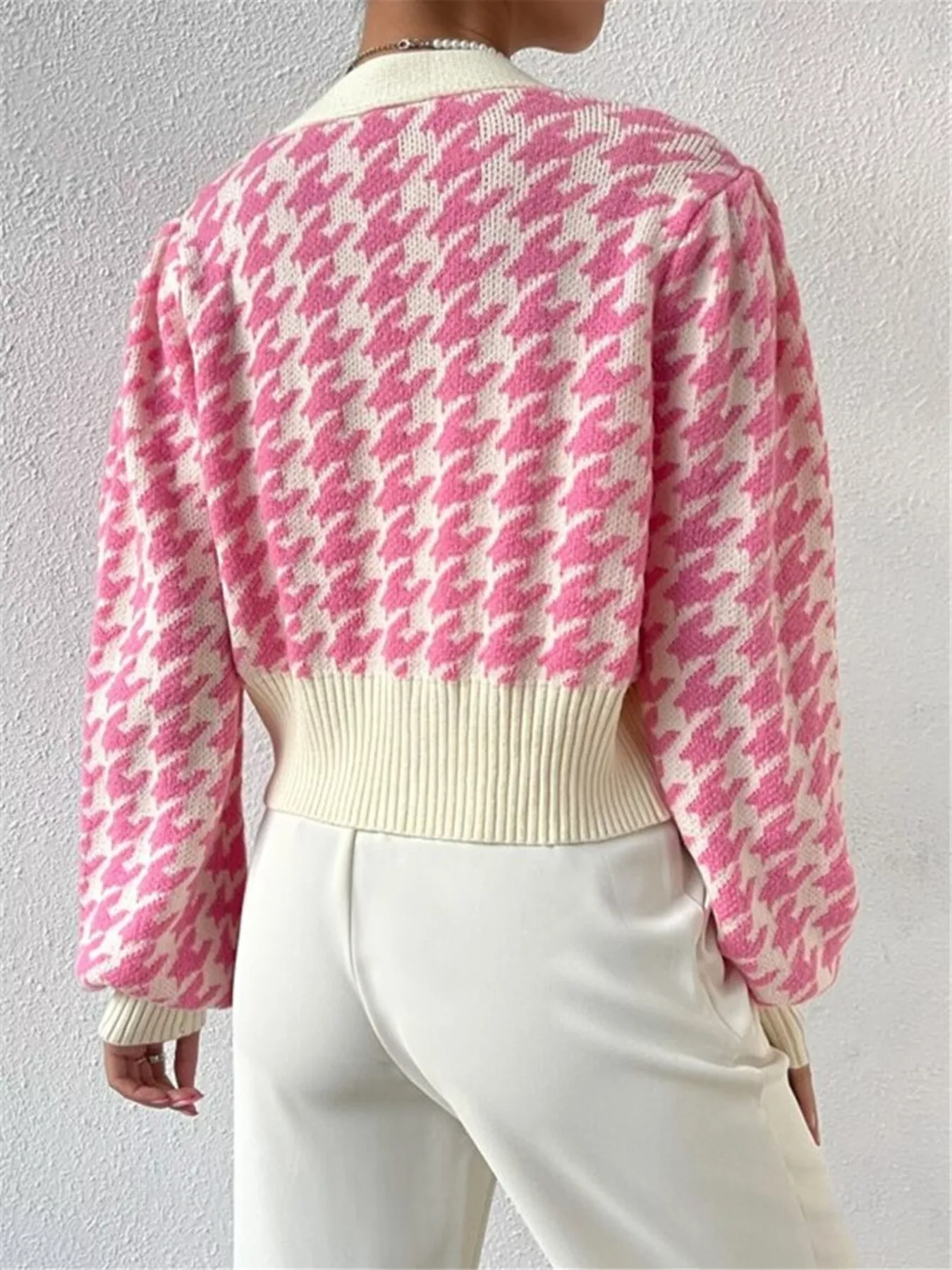 Houndstooth V-Neck Button Up Cardigan - Image 6
