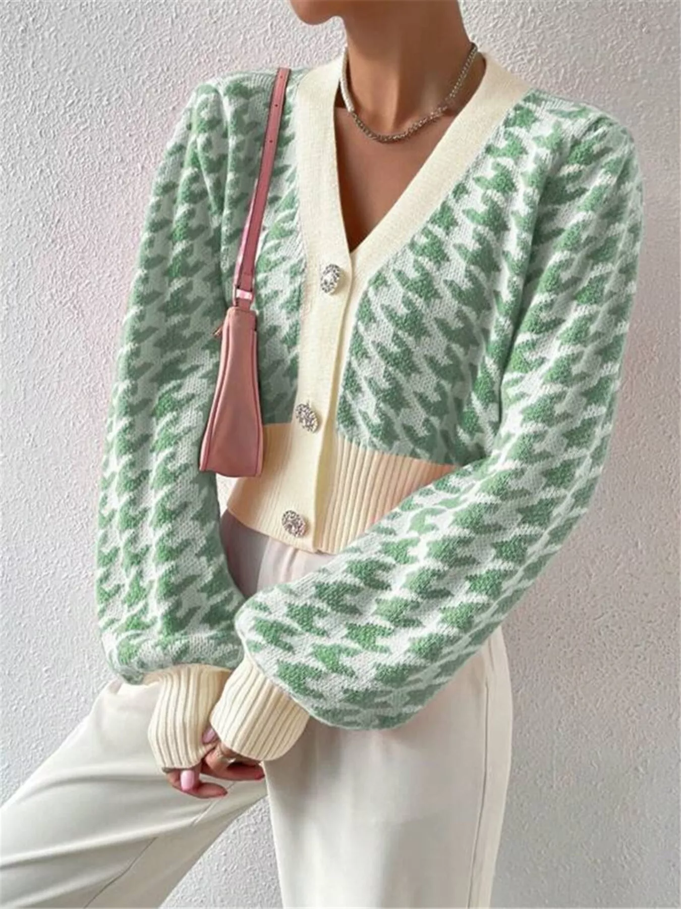 Houndstooth V-Neck Button Up Cardigan - Image 7