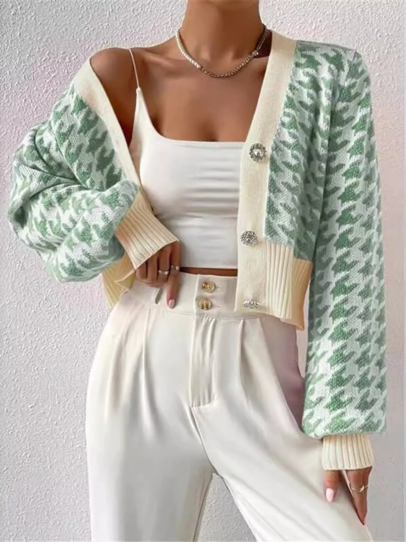 Houndstooth V-Neck Button Up Cardigan - Image 8