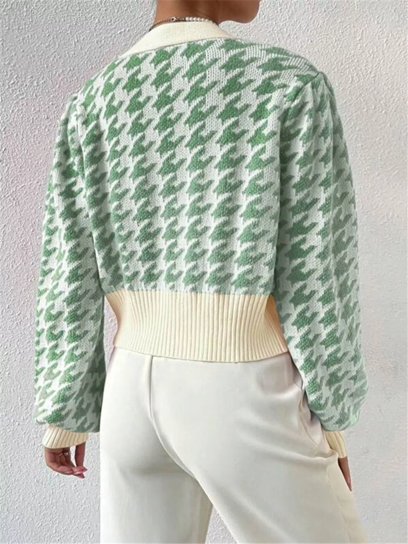 Houndstooth V-Neck Button Up Cardigan - Image 9
