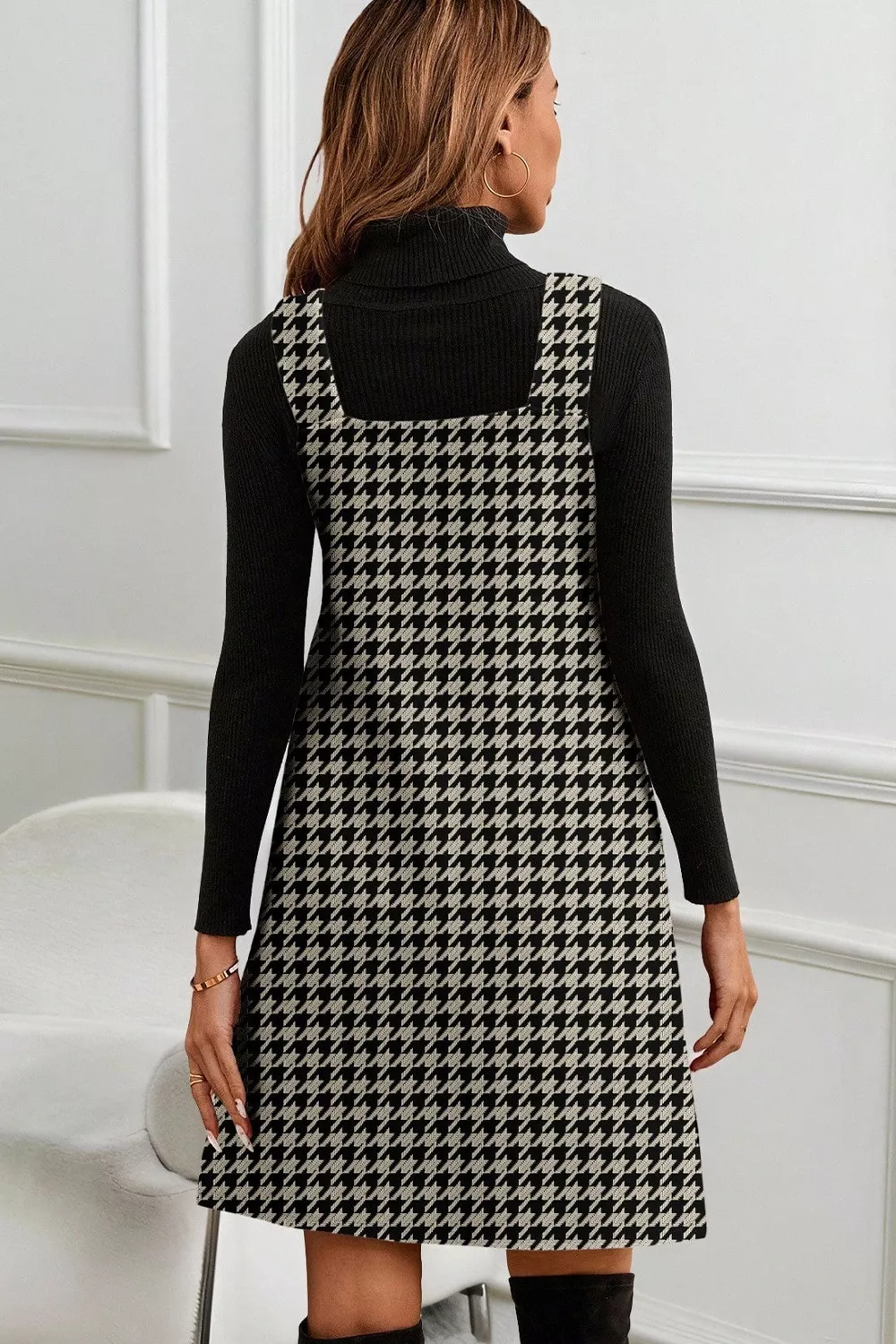 Houndstooth V-Neck Sleeveless Mini Dress - Image 2