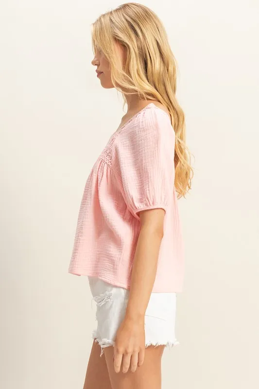 HYFVE Crochet Detail Puff Sleeve Peasant Top - Image 2