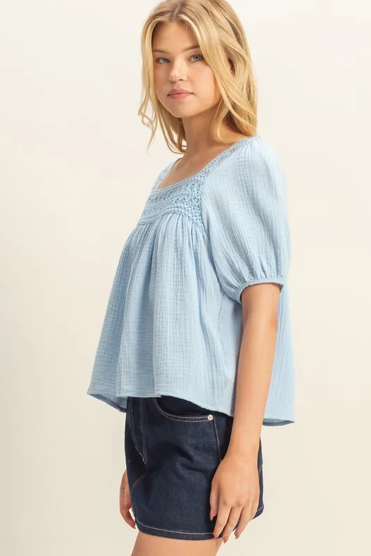 HYFVE Crochet Detail Puff Sleeve Peasant Top - Image 2