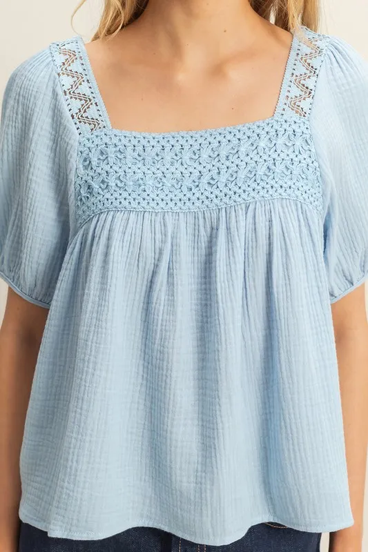 HYFVE Crochet Detail Puff Sleeve Peasant Top - Image 5