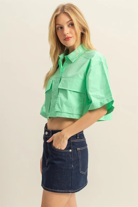 HYFVE Front Pockets Poplin Collared Neck Crop Shirt - Image 2