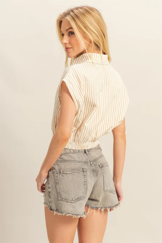 HYFVE Striped Elastic Hem Johnny Collar Cap Sleeve Blouse - Image 3