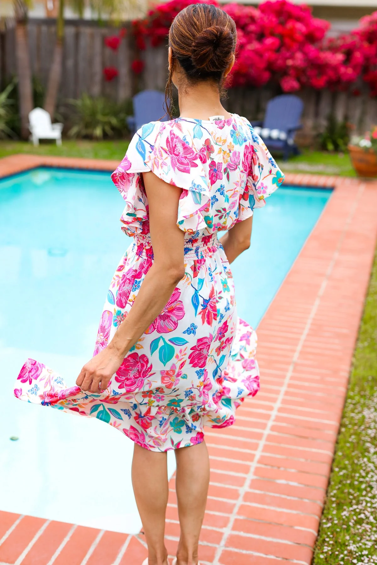Hello Beautiful Ivory & Fuchsia Floral Sequin Smock Waist Midi Dress - Image 13
