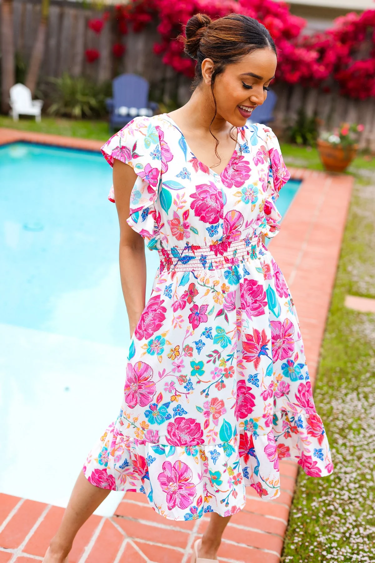 Hello Beautiful Ivory & Fuchsia Floral Sequin Smock Waist Midi Dress - Image 14