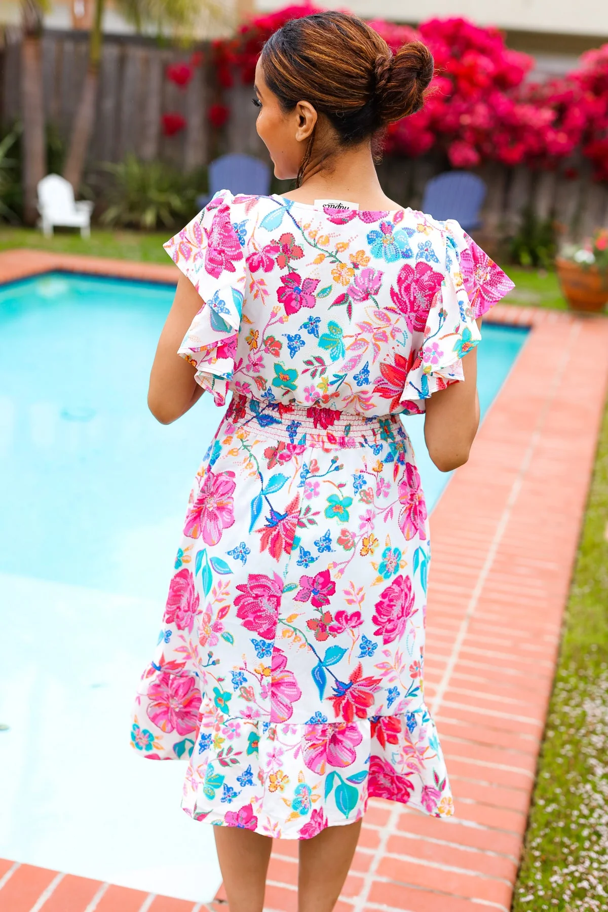 Hello Beautiful Ivory & Fuchsia Floral Sequin Smock Waist Midi Dress - Image 17
