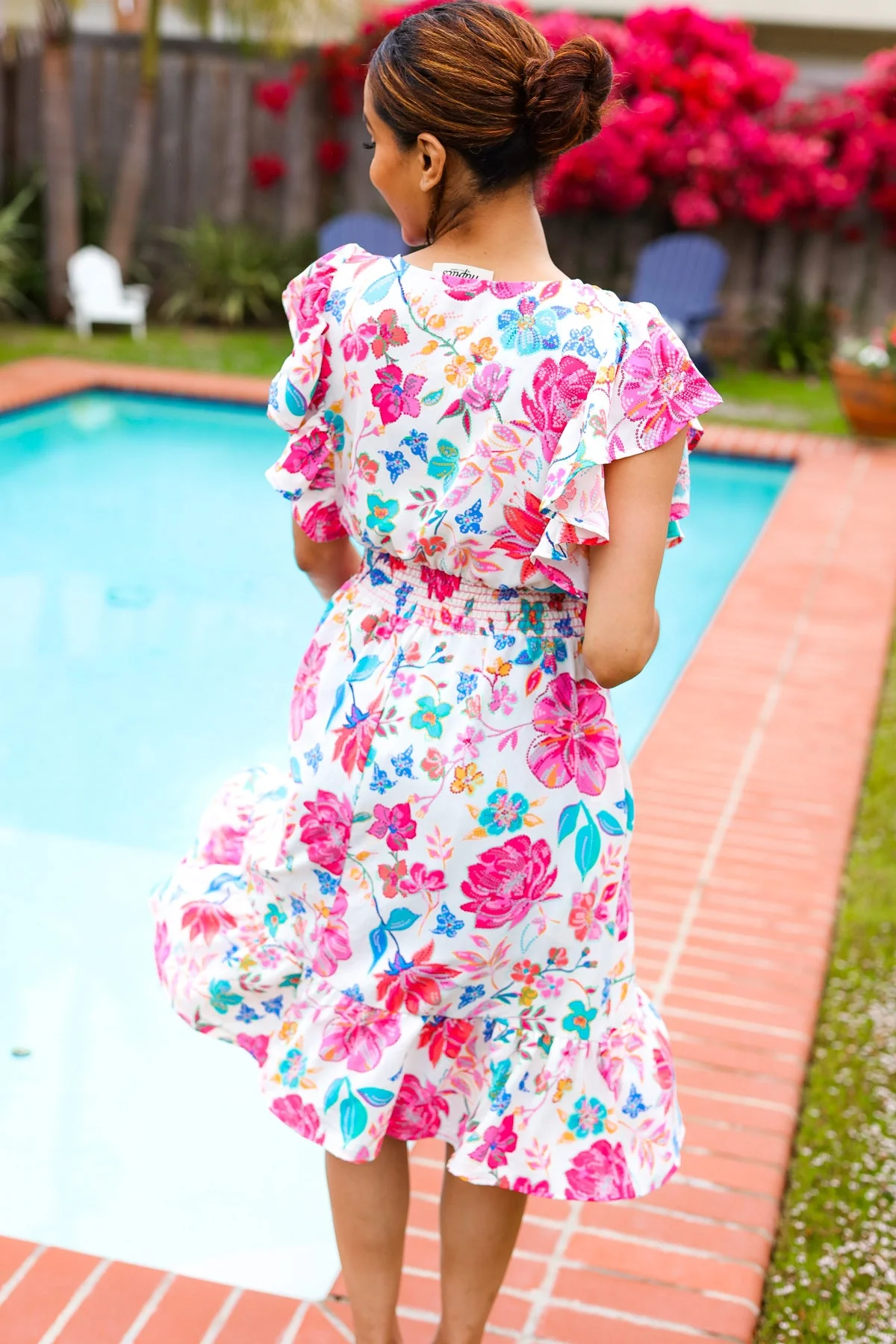 Hello Beautiful Ivory & Fuchsia Floral Sequin Smock Waist Midi Dress - Image 5