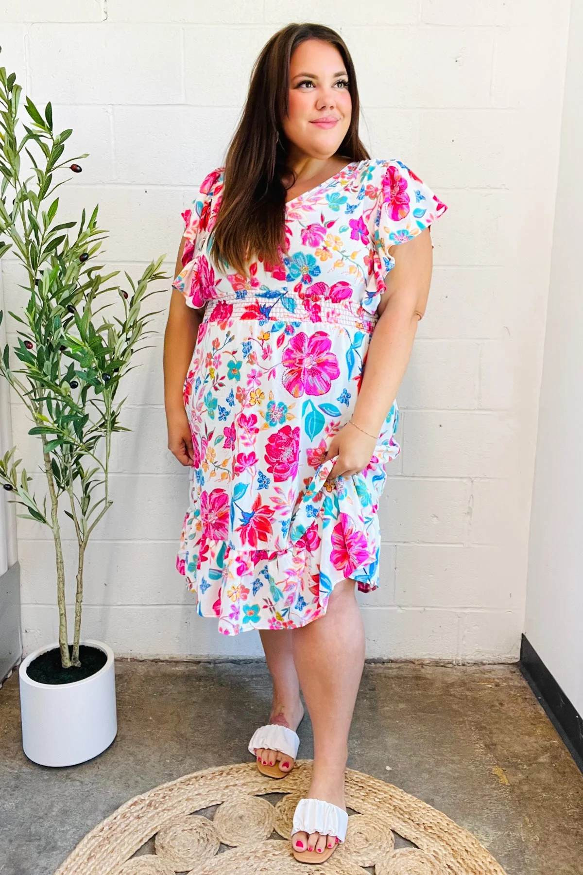 Hello Beautiful Ivory & Fuchsia Floral Sequin Smock Waist Midi Dress - Image 8