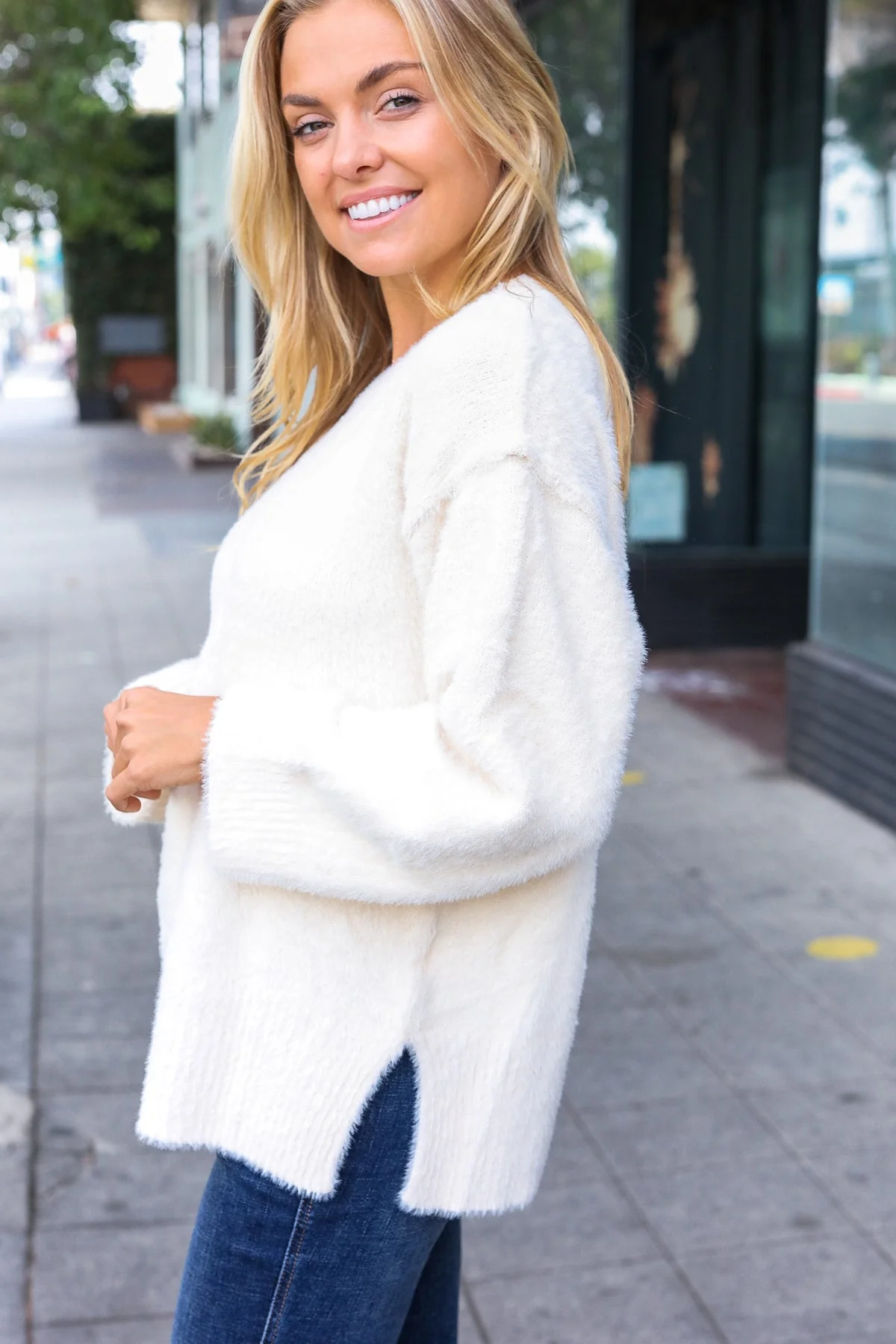 Classic Elegance Ivory Fuzzy Soft Knit Sweater - Image 4