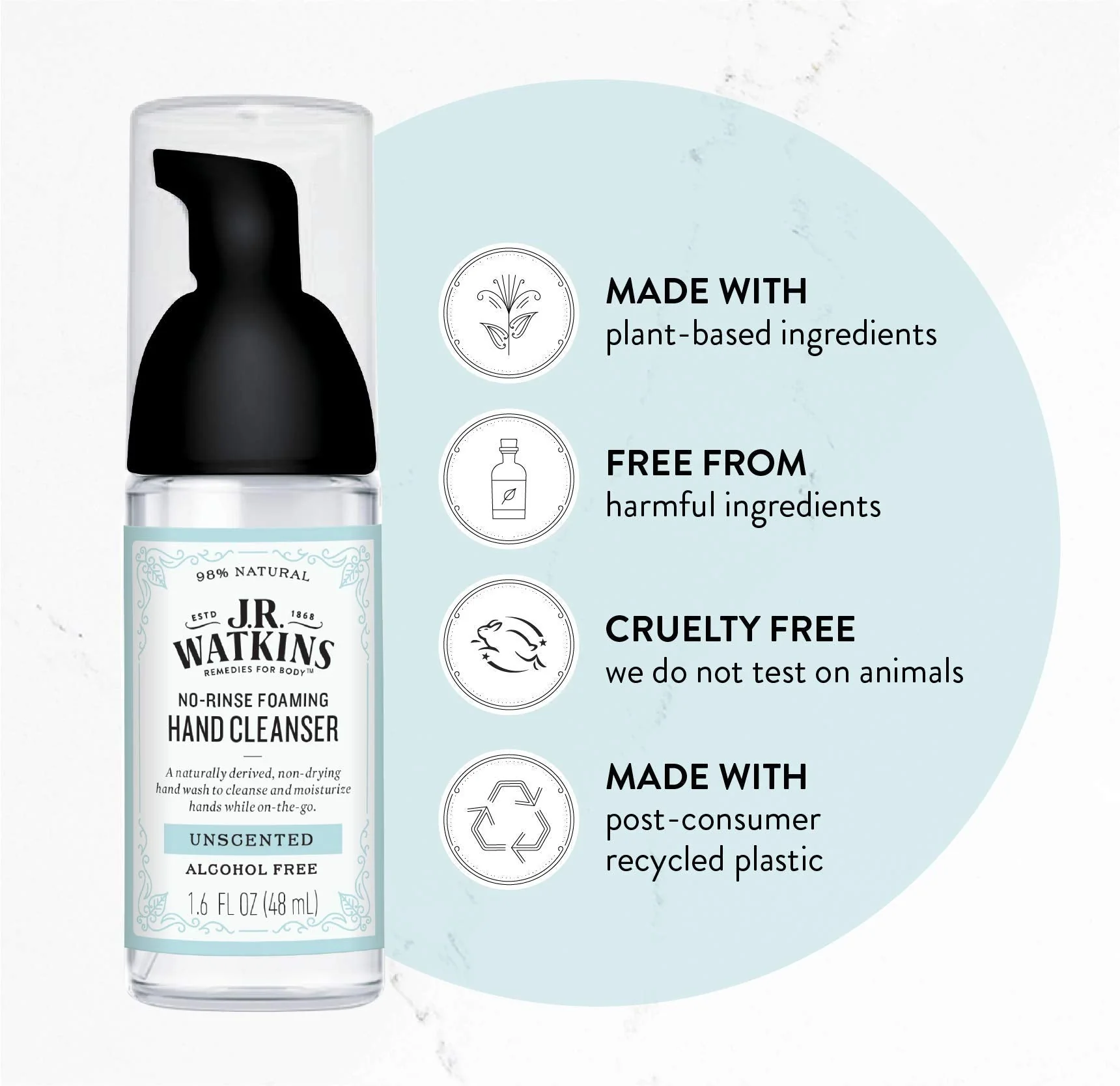 J.R. Watkins No-Rinse Foaming Hand Cleanser – Hand Soap in Pump Dispenser – Bathroom & Kitchen Foam Cleaner – All Natural, Alcohol Free, Blue Lavender, 1.6 fl. Oz - Image 2