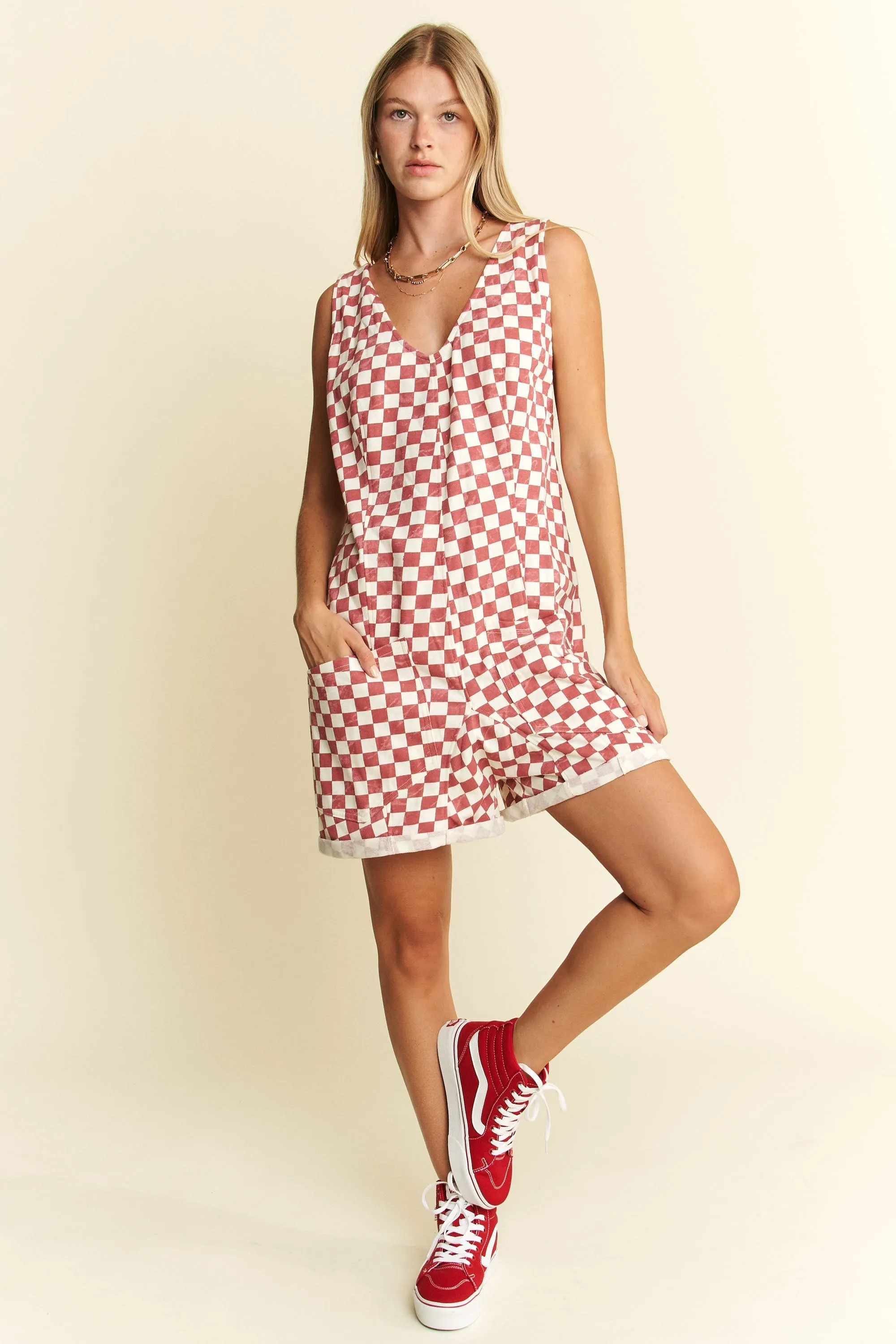 Jade By Jane Plus Size Back Tie Sleeveless Plaid Romper with Pockets - Image 7