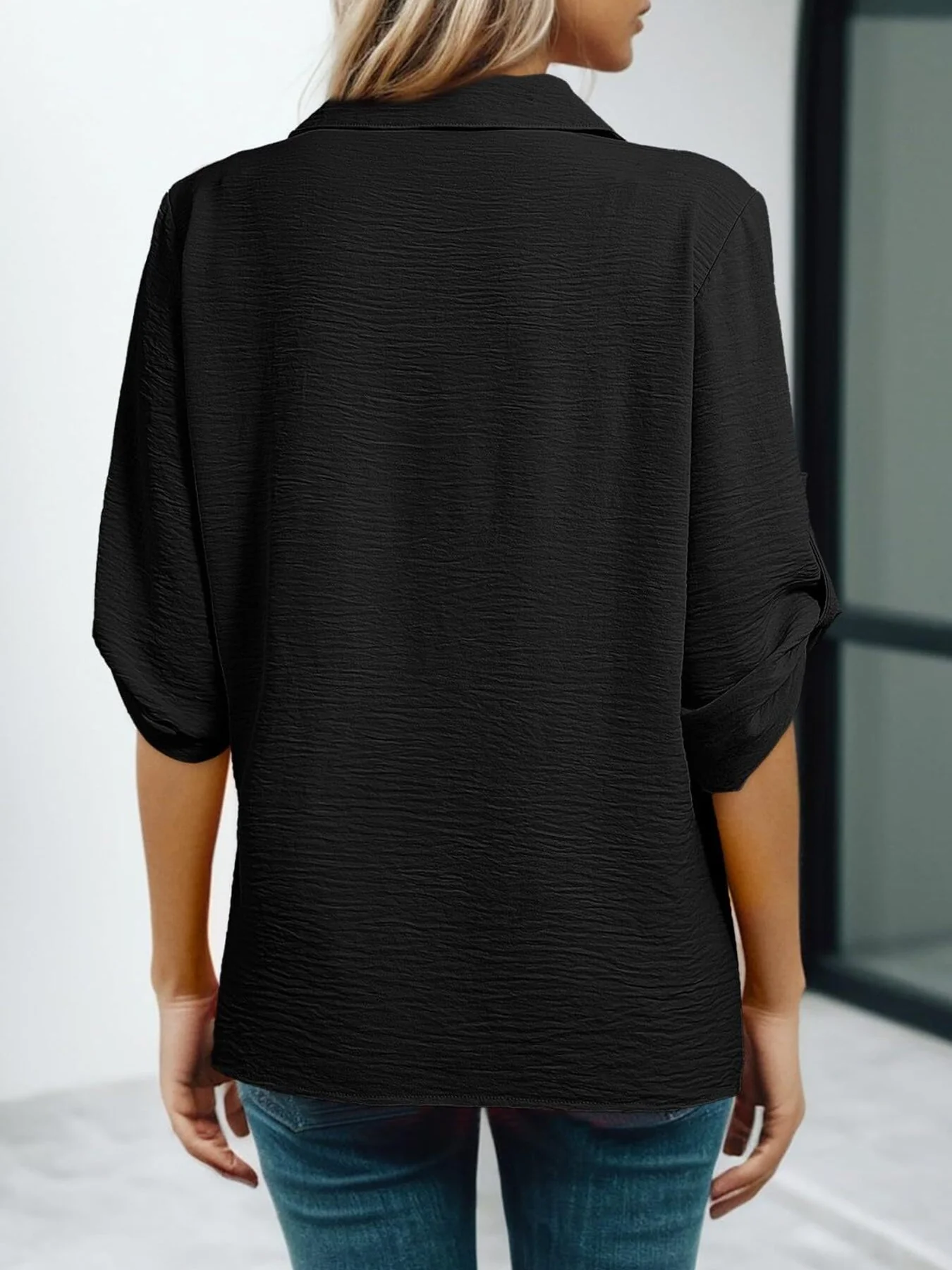 Johnny Collar Roll-Up Sleeve Blouse - Image 22