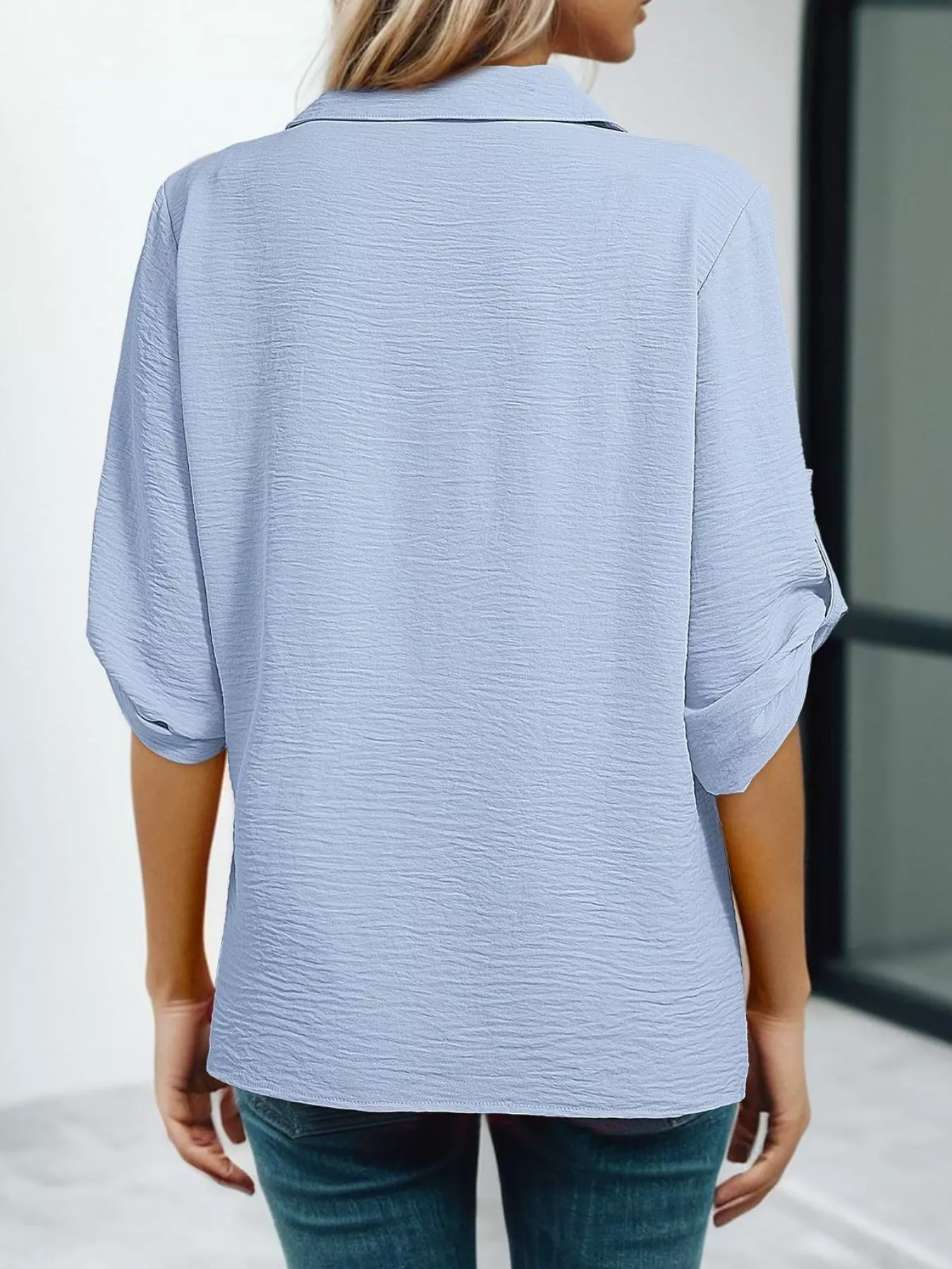 Johnny Collar Roll-Up Sleeve Blouse - Image 9