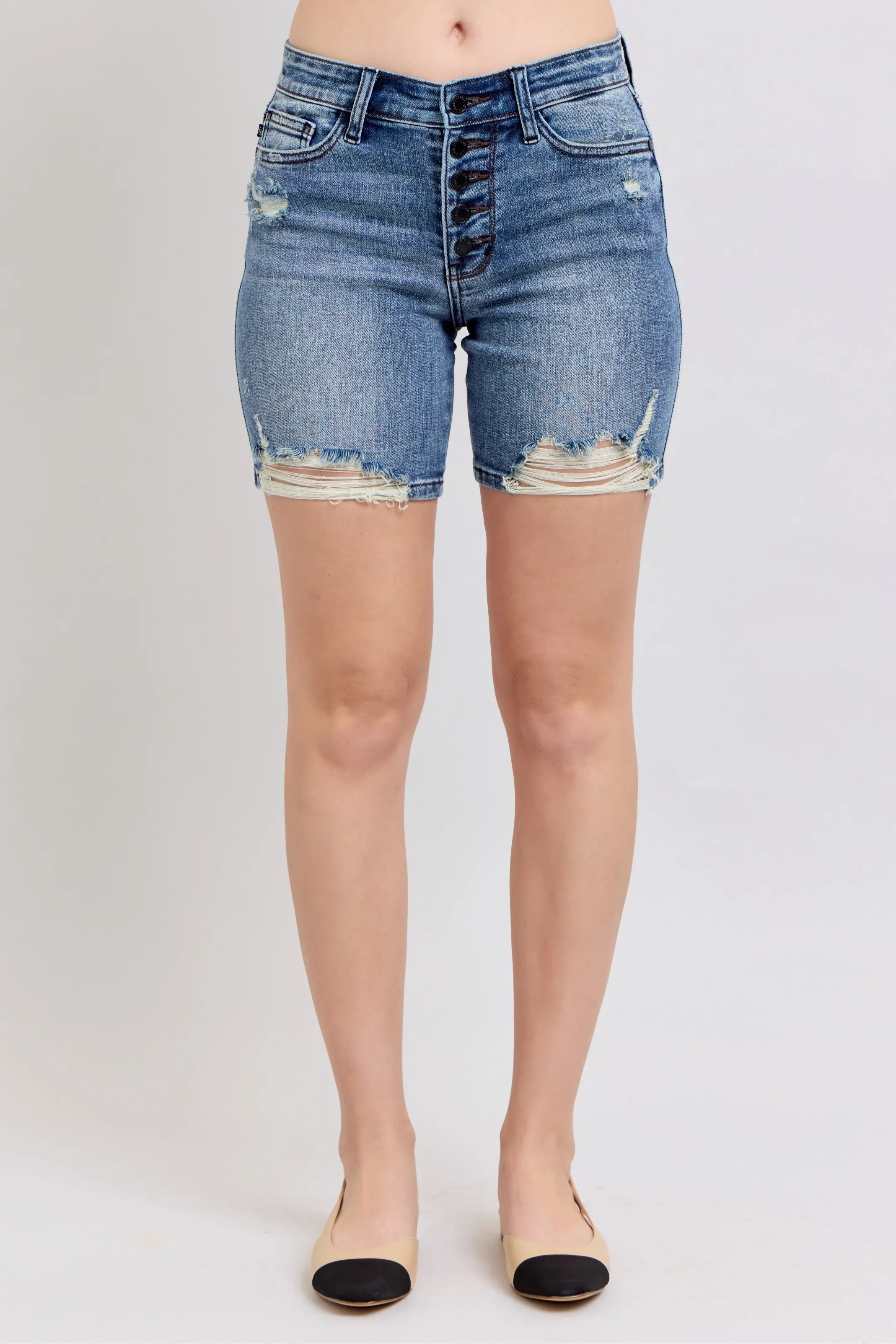 Judy Blue Button Fly Mid Length Denim Shorts W/ Destroy - Image 2
