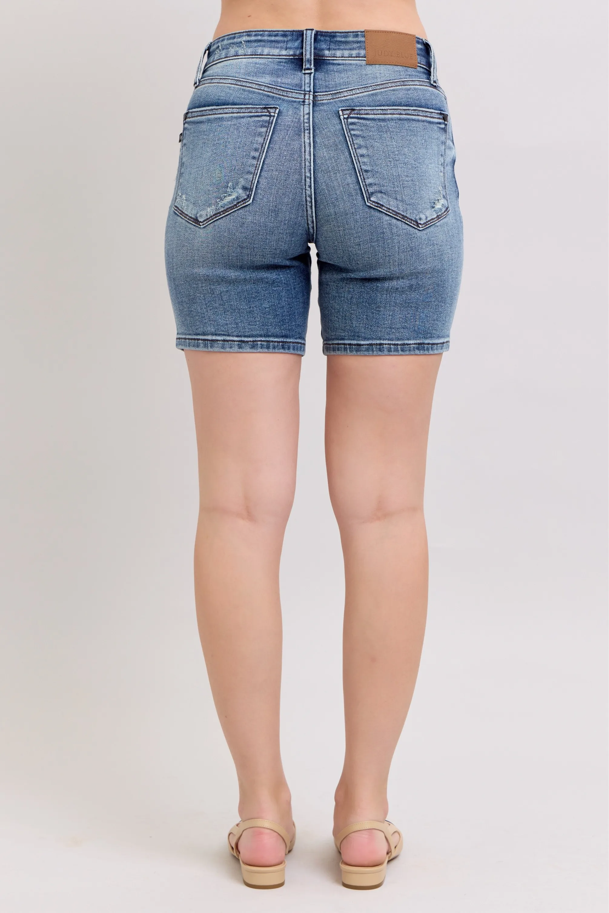 Judy Blue Button Fly Mid Length Denim Shorts W/ Destroy - Image 6