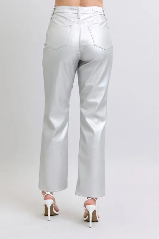 Judy Blue Full Size High Waist Silver Faux Leather Pants Plus Size - Image 3