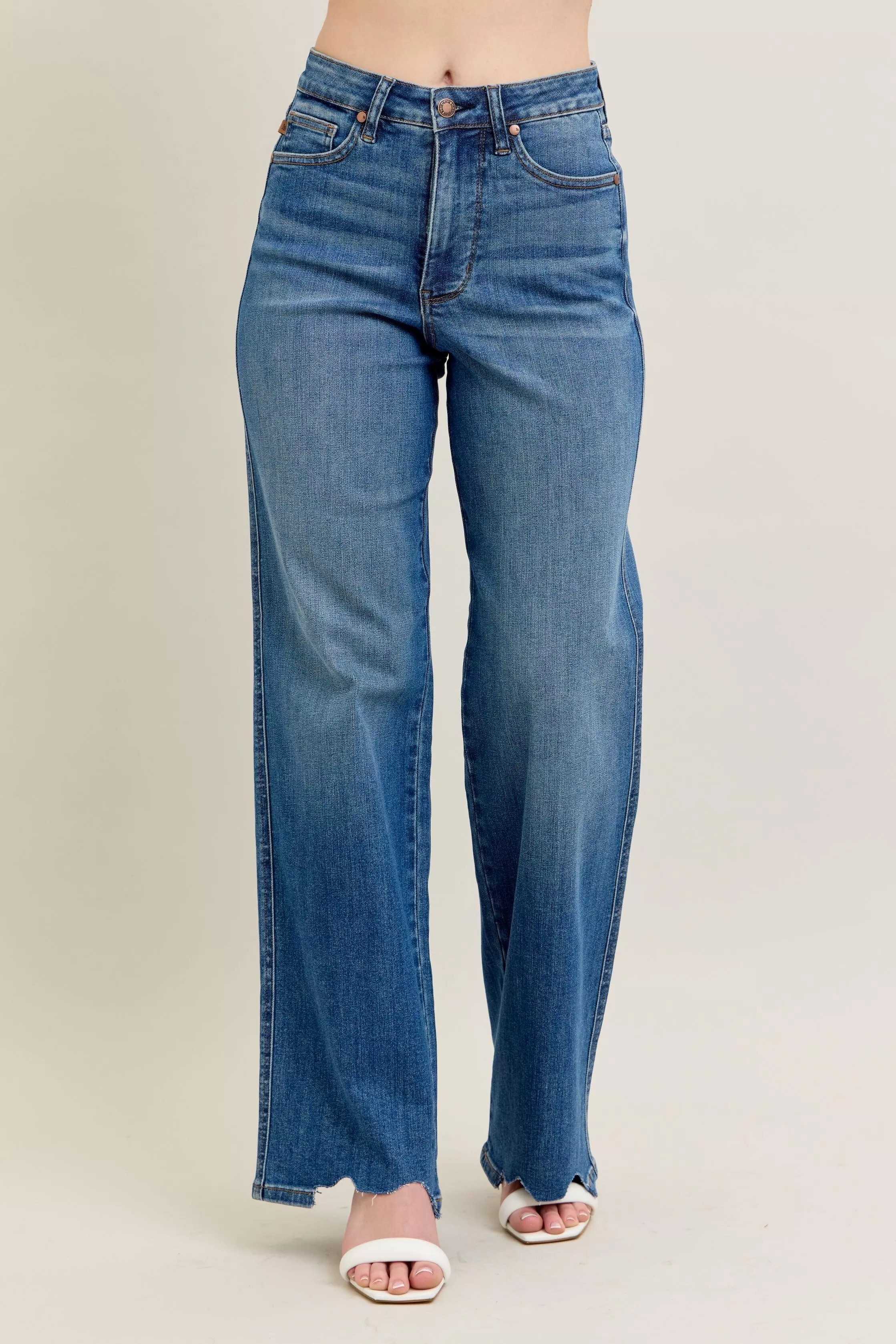 Judy Blue Full Size High Waist Tummy Control Chew Hem Destroy Wide Jeans Plus Size - Image 4