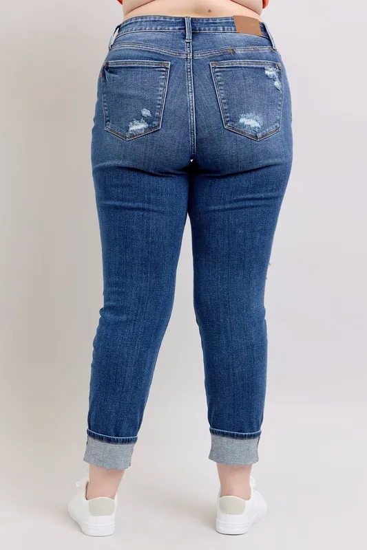Judy Blue Full Size Mid Rise Boyfriend destroy Jeans with Yoke Pockets and Faux Selvedge Cuff Plus Size - Image 12