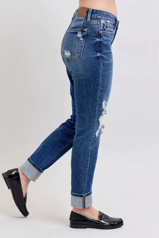 Judy Blue Full Size Mid Rise Boyfriend destroy Jeans with Yoke Pockets and Faux Selvedge Cuff Plus Size - Image 4