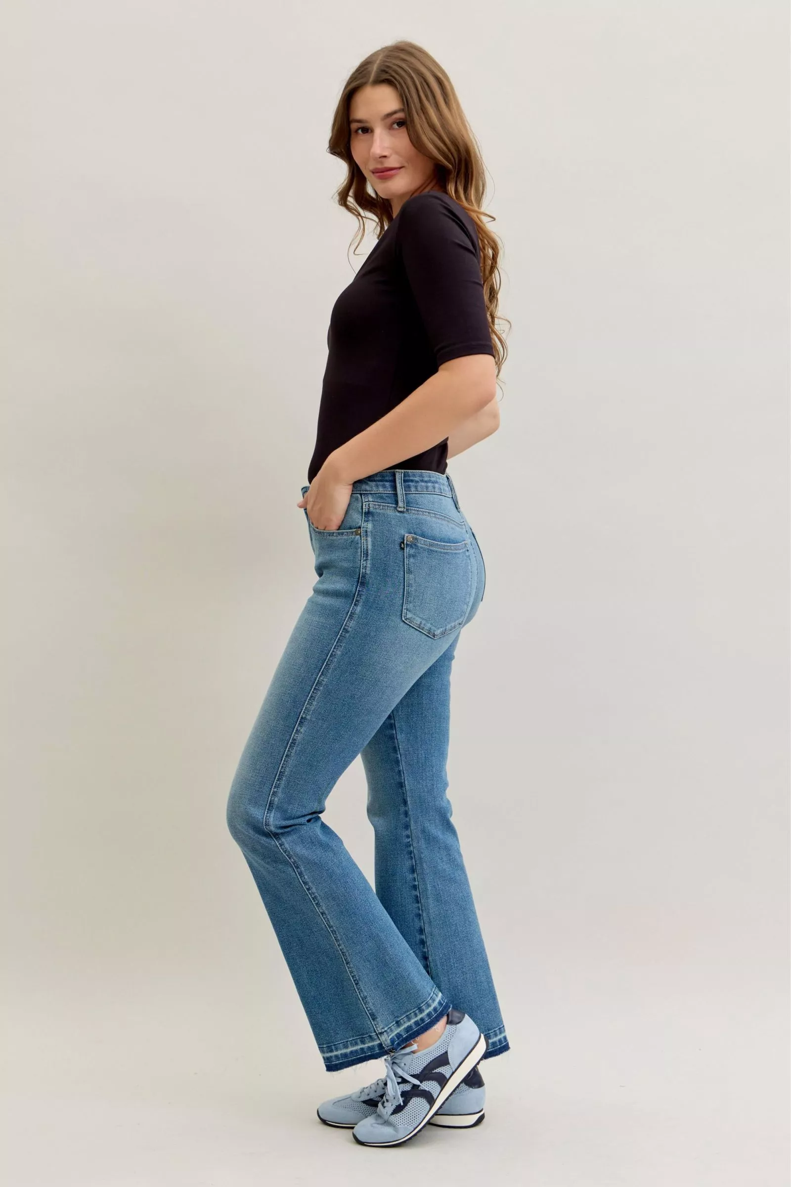 Judy Blue Full Size Mid Rise Slim Bootcut Tummy Control Release Hem Jeans Plus Size - Image 2