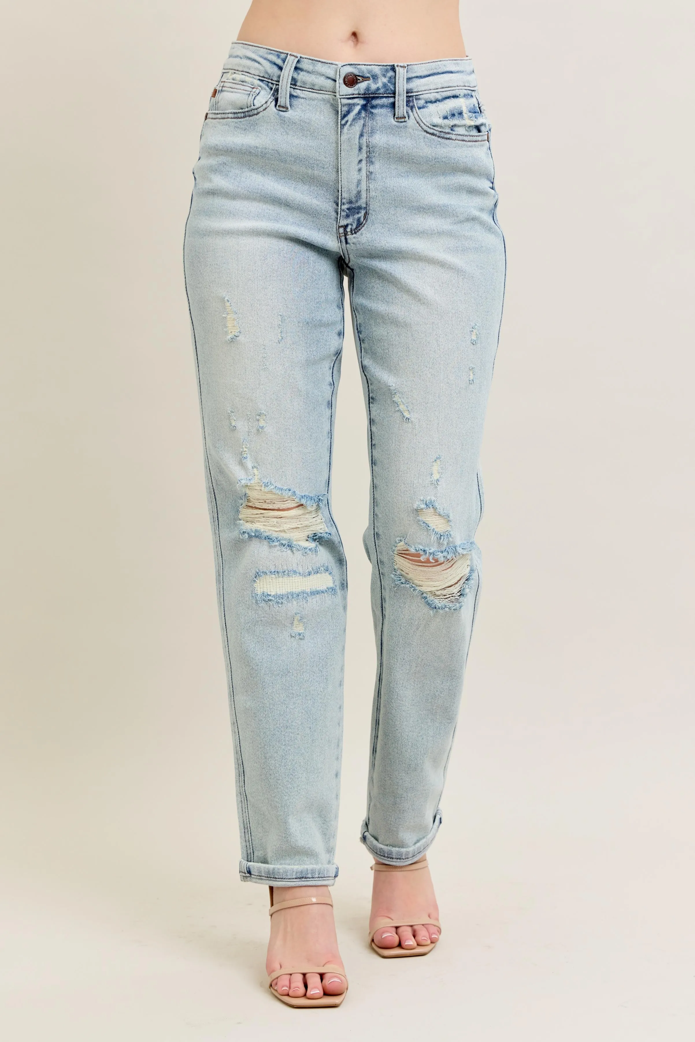 Judy Blue Full Size Mr Repair Stitch Detail Destroy Single Cuff Bf Jeans Plus Size - Image 2