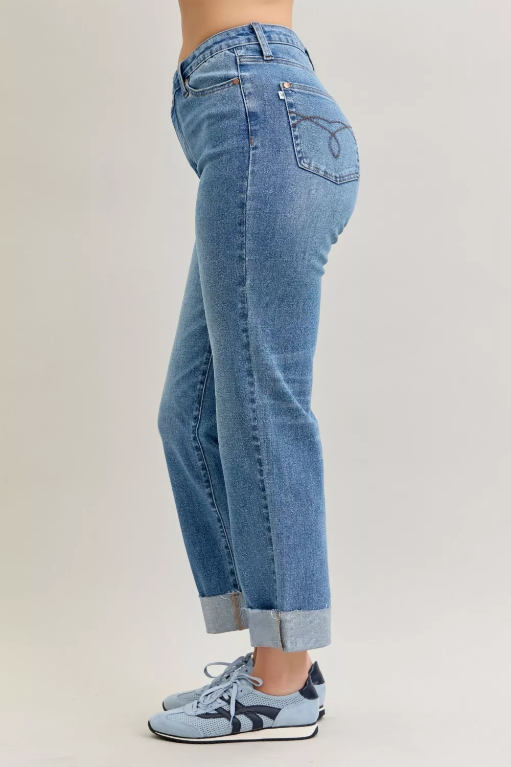 Judy Blue High Waist Bf Criss-cross Mild Destroy Jeans with Single Cuff - Image 3