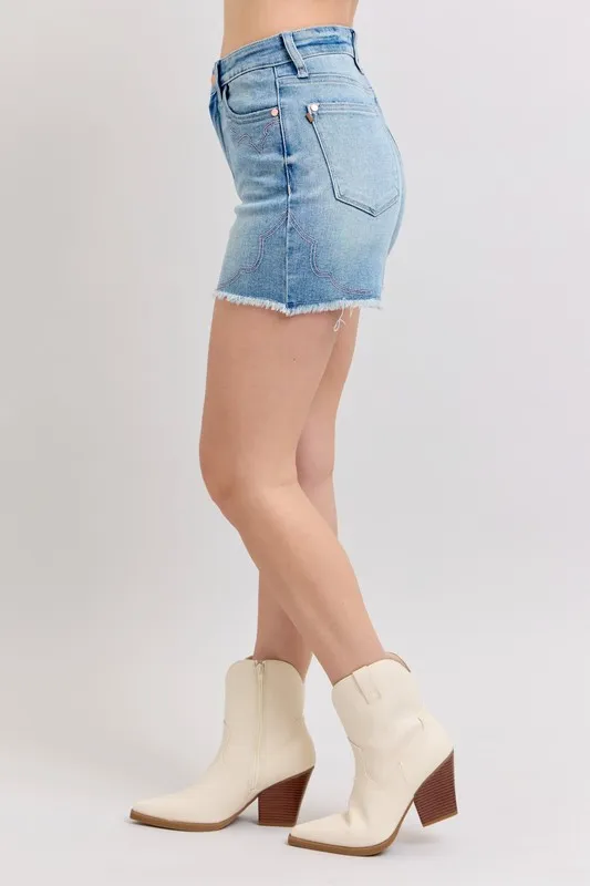 Judy Blue High Waist Western Embroidery Detail Cut Off Denim Shorts - Image 3
