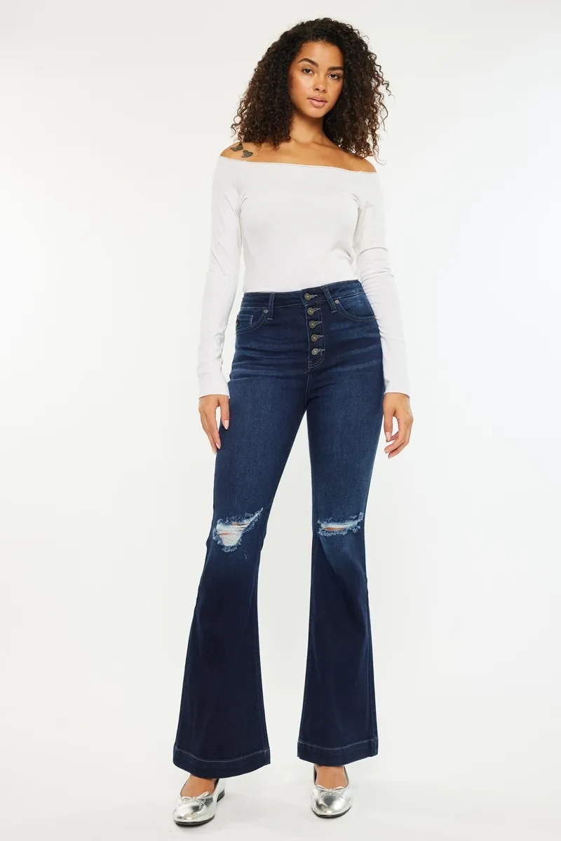 Kancan Button Fly High Rise Distressed Flare Jeans - Image 2
