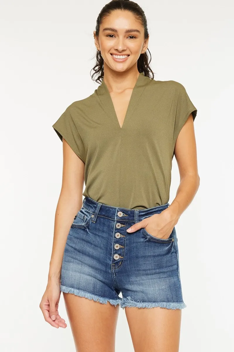 Kancan High Rise Frayed Hem Denim Shorts