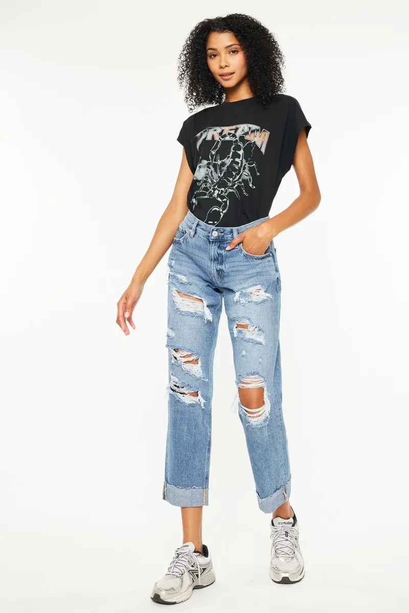Kancan Mid Rise Distressed Boyfriend Fit Jeans - Image 3